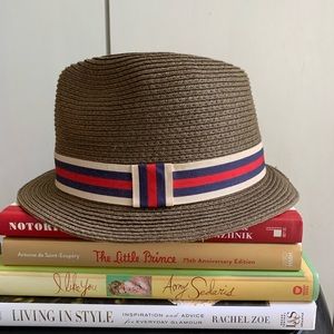 George Brown Straw Bucket Hat with Navy & Red Trim Hat Band - L
